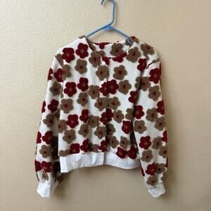 Cream crop snap sweater Burgandy and Brown 3D flowers XXL cottage prairie boho